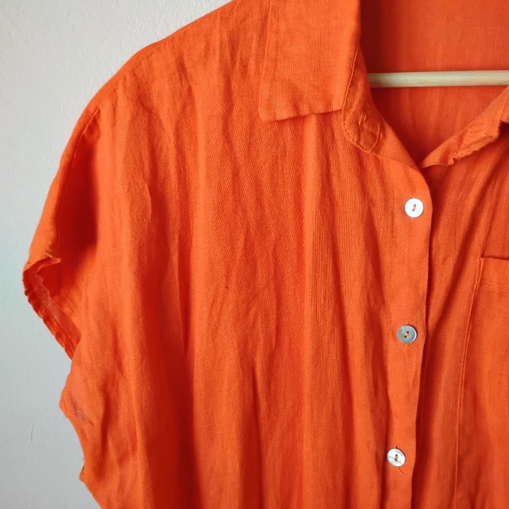LUA Made in Italy Vibrant Orange 100% Linen Button Down Dress - Picture 3 of 15
